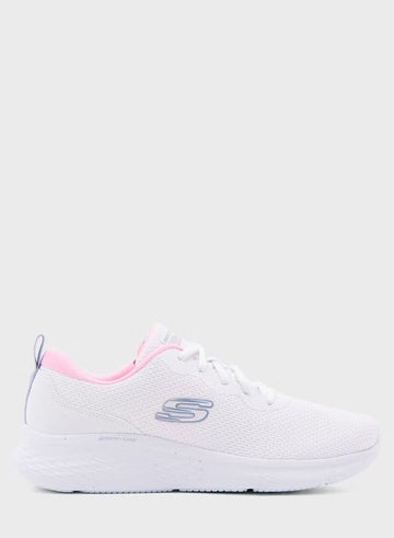 White sneaker with pink accents on a white background