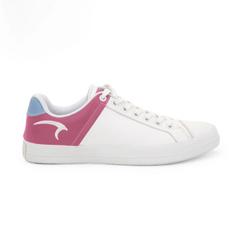 White sneaker with pink side panel and blue accent on a white background