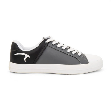 Gray and black sneaker with white sole on a white background
