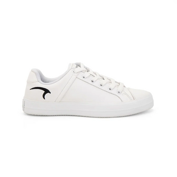 White sneaker with a black logo on a white background