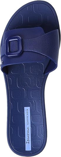 Navy blue sandal with brand name on sole
