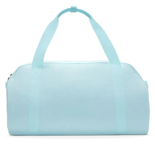 Light blue duffel bag with pink accents on a white background