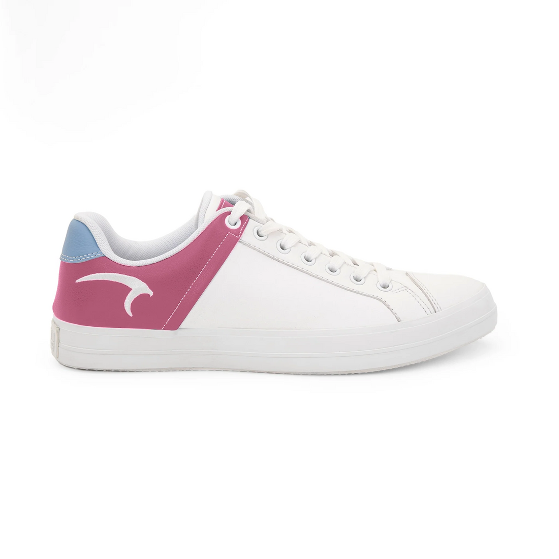 White sneaker with pink side panel and blue accent on a white background