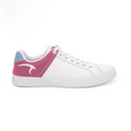 White sneaker with pink side panel and blue accent on a white background