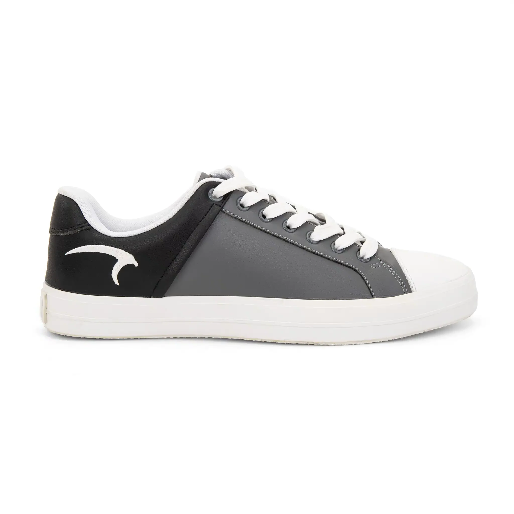 Gray and black sneaker with white sole on a white background