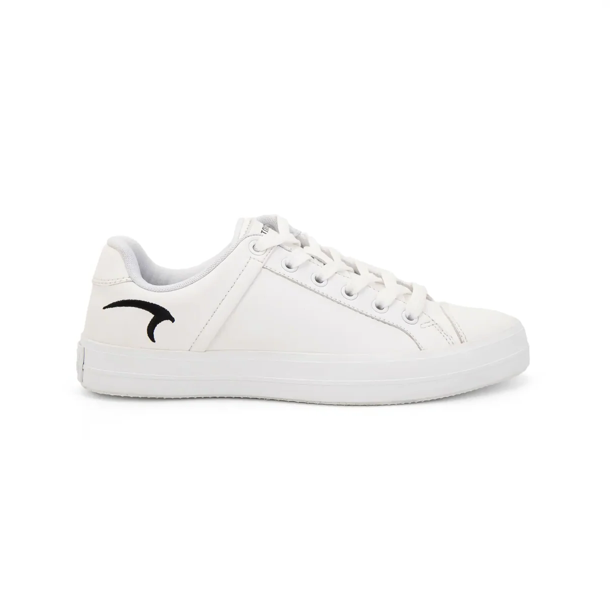 White sneaker with a black logo on a white background