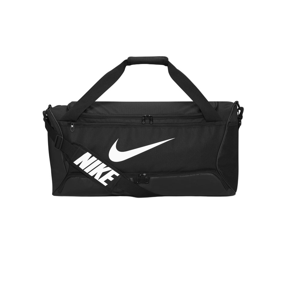 Black Nike duffel bag with white logo on a white background