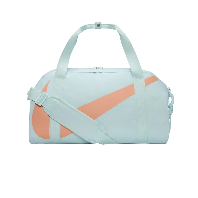 Light blue duffel bag with pink accents on a white background